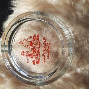 Vintage Clear Glass Advertisement Ashtray with 60s man & woman in beachwear